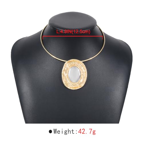 Fashion Chunky Statement Necklaces - African Choker Necklace with Gold Oval Pendant,Tribal Collar Necklace Hammered Metal Jewelry for Women3