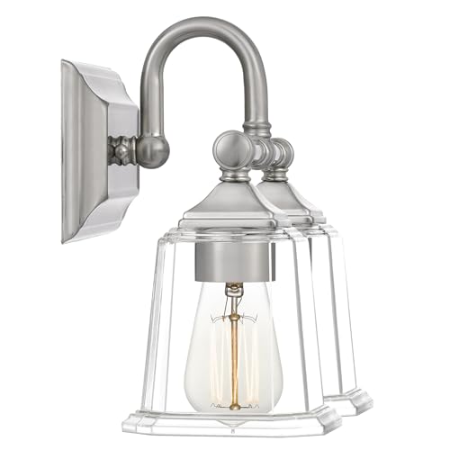 Image of Quoizel Nicholas 15 inch Vanity Light, Brushed Nickel, Clear Glass | 2-Light, Dimmable, Reversible Mounting, ETL Damp Rated