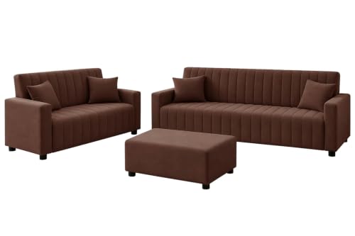 Image of Rosebell 3+2 Fabric Sofa Set with Ottoman | Velvet Upholstery 5 Seater Sofa | with Printed Cushions | Living Room Furniture | - Brown Color