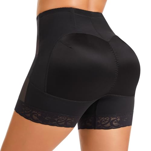 fortix Womens Padded Shapewear High Waisted Hip Enhancer Butt Lifter Thigh Slimmer Seamless Fake Hip Shorts Black