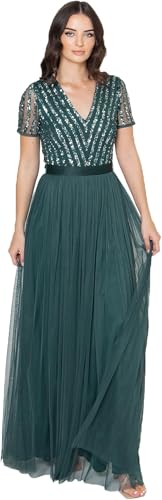 Maya Deluxe Maxi Dress for Women Ladies Bridesmaid V-Neck Plus Size Ball Gown Short Sleeves Long Elegant Empire Waist Vestido de Dama de Honor, Emerald Green, 36 EU