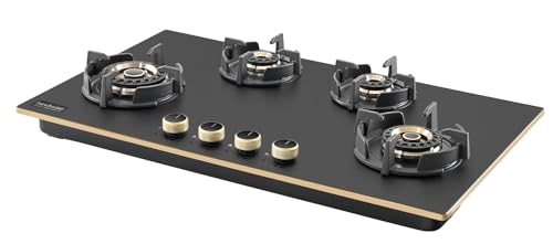 Image of Hindware IVANA 4B 86 CM | Built in Hob With Flame Failure Device | Frost Glass with Golden Coated SS Strips | Gold Metallic Finish & Jet Black Knobs