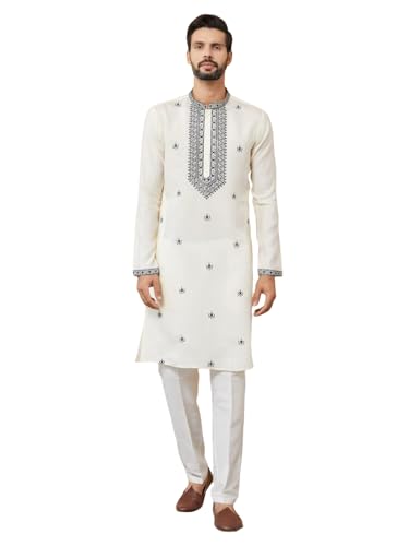 Image of See Designs Men's Long Sleeve Mandarin Collar Side Slit Cream Embroidered Chanderi Silk Straight Kurta with Pyjama