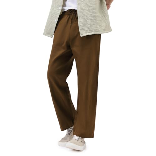 Image of Urbano Fashion Men's Loose Fit Solid Linen Blend Trousers Non-Stretchable