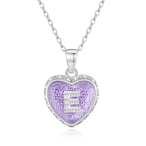Ahiller Heart Initial Necklace,Crystal Diamond Letter Pendant,19"-21" Adjustable Necklaces for Women Trendy Name Jewelry Purple E Silver