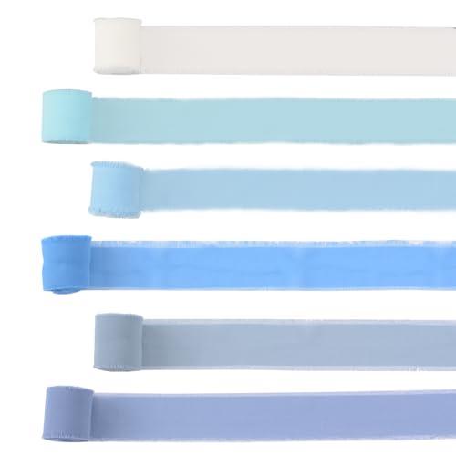 URROMA Chiffonbänder, 6 Rollen, Blaue Serie, Seidenband, gemischte Farben, Fransen mit ausgefransten Kanten, Stoff für Hochzeitseinladungen, Brautstrauß, Bastelarbeiten