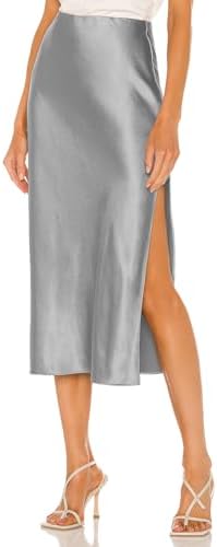 Womens Satin Silk High Waist Slit Midi Skirt Elastic Waistband Mi...