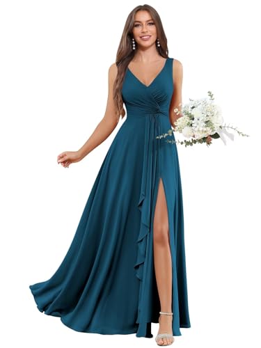 Image of BOLENSYE Bridesmaid Dresses Long Ruched Ruffles Chiffon A Line Evening Party Gown with Pockets Slit