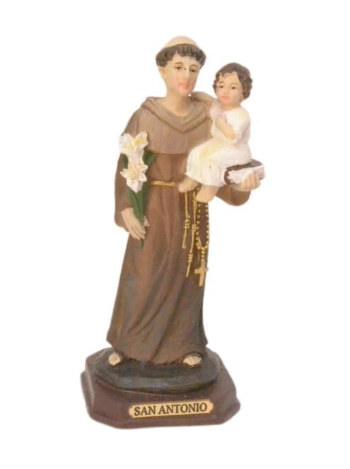 Genérico San Antonio Estatua Religiosa, Figura Decorativa de Resina, Monje con Niño y Flores, Base Marrón, 12 cm