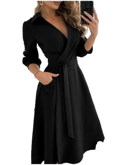 OSCORP Womens Midi Dress 3 4 Sleeve Collared Wrap with Belt A-Line Dress with Pockets for Everyday Office
