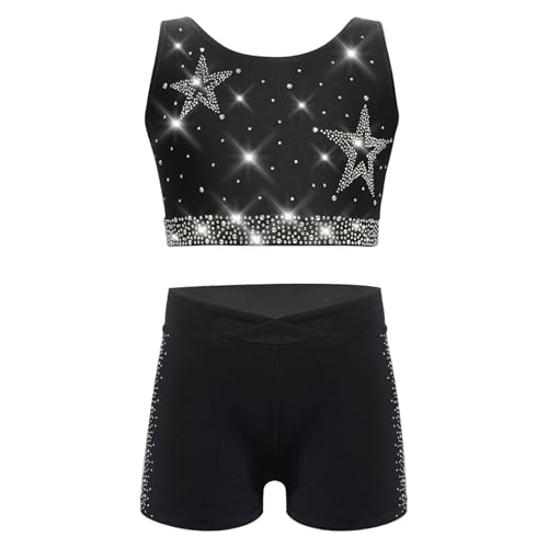 Kids Girls Gymnastics Dance Outfit Rhinestone Crop Vest Top Shorts Set Athletic Tracksuits for Yoga Black 12 Years2
