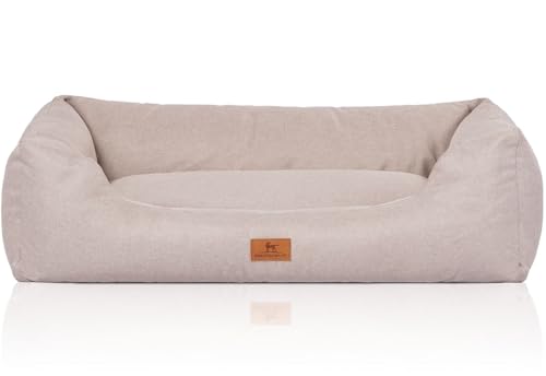 Knuffelwuff Hundebett Emma aus Velours mit feinem Handwebcharakter in Pastellfarben XL 105 x 75cm Beige - Abnehmbarer Bezug - leicht zu reinigen - für große, mittelgroße und kleine Hunde