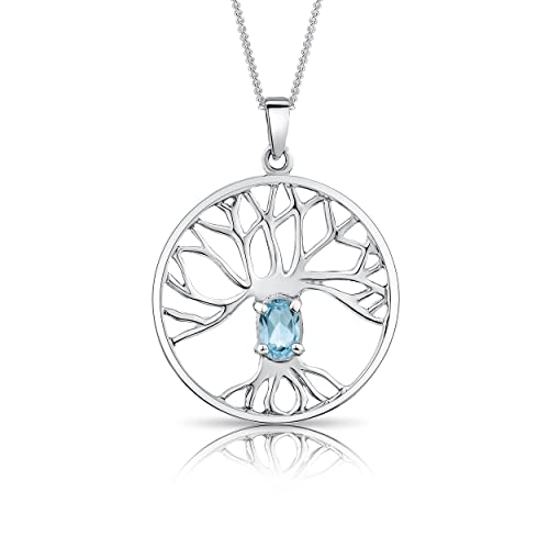 DTPsilver® Collier avec Pendentif Arbre de Vie et Pierres Naturelles Semi-Précieuses en Argent Fin 925 - Maille Gourmette - Topaze Bleue