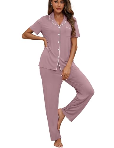 Image of ＺＭＪ Womens Pajamas Sets 2 Piece Button Up Pj Sets Short Sleeve with Long Pant