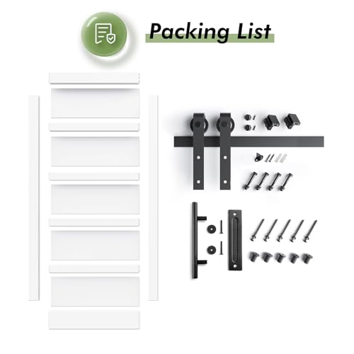 Image of Fredbeck 40x80 inch White Barn Door with 7FT Sliding Door Hardware Kit Included & Handle,MDF,Solid PVC Surface,DIY Assembly,5-Panel