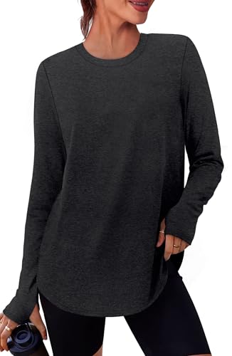 NIASHOT Workout Tops for Women Crewneck Long Sleeve Shirts with Thumb Holes UPF 50+ Sun Shirts for Hiking Running Gym Clothes