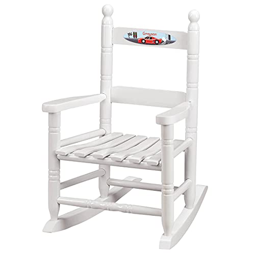 Fox Valley Traders Custom Childrens Rocking Chair, Features Classic Rocker Design and Hardwood Construction, White Finish with Racecar Design