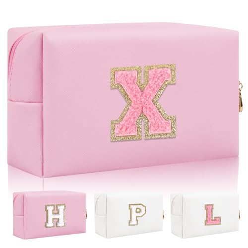 Personalized Initial Letter Patch Makeup Bag, Preppy Small Chenille Cosmetic Bag with Zipper, PU Leather Waterproof Travel Toiletry Bag Monogram Make Up Pouch for Women Girls