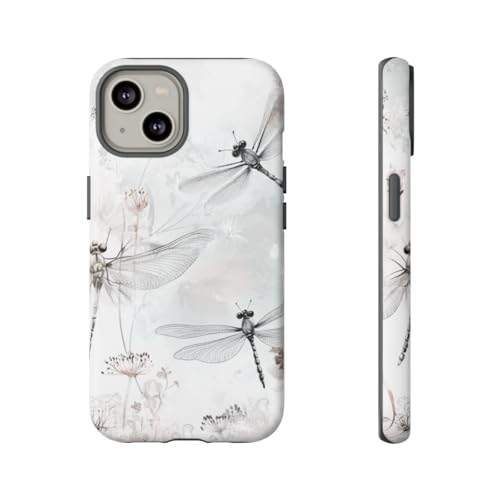 Coque rigide iPhone 14 blanche motif dragonflies et aquarelle florale mate