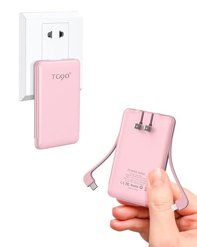 TG90° Mini Power Bank with Built-in AC Wall Plug and Cables, 5000mAh Slim Portable Charger USB C Battery Pack, 3 Outputs Portable Battery Charger Compatible with iPhone and Android Phones
