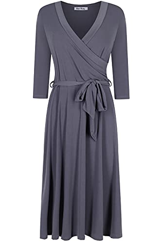 Image of Women's 3 /4 Sleeve Faux Wrap Midi Dress Knee Length Grey M
