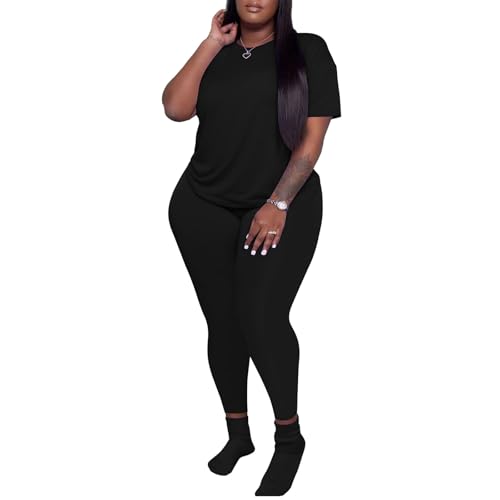 PINSV Women's Plus Size 2 Piece Outfits Tracksuits Short Sleeve Top Pants Sets Sweatsuits2