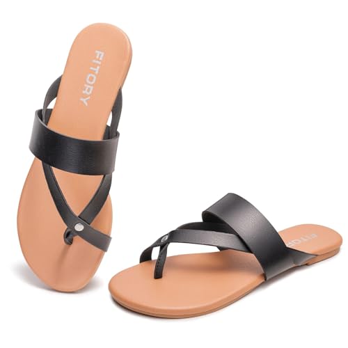 FITORY Womens Flat Sandals With Casual Fashion Slides and Flip Flops Split Toes Style for Lady Summer Size 6-11