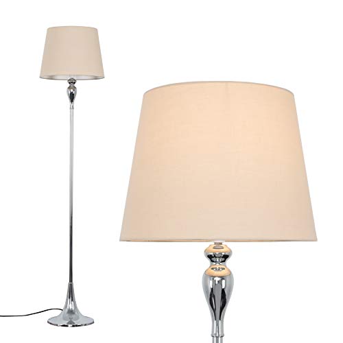 MiniSun Modern Polished Chrome Spindle Design Floor Lamp with a Beige Tapered Shade - Complete with a 10w LED GLS Bulb [3000K Warm White]