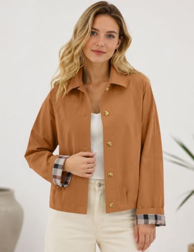 LOMON Womens Short Trench Jacket Plaid Lining Button Front Lightweight Classic Casual Outerwear with Pockets Red Brown L - image 5