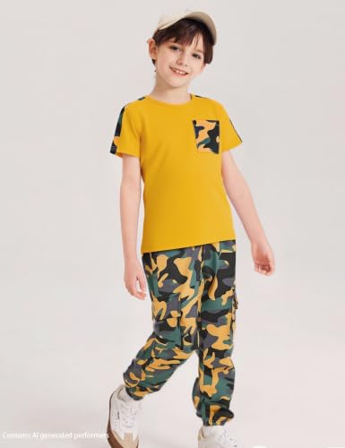 Image of mksodopy Boys Clothes Outfits Set, Camo Cargo Pants and Short Sleeve Pocket Tee 2PC Summer Tracksuit for Kids 5-16Y