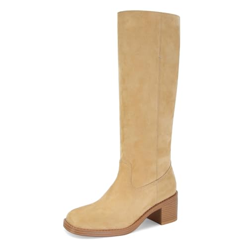 ZJGZF Womens Suede Knee High Boots Leather Campus Riding Boot Round Toe Chunky Block Heel Riding Motorcycle Biker Boot Platform Wide Calf Long Tall Boots Apricot