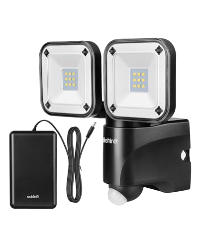 EDISHINE Batterie LED Strahler mit Bewegungsmelder Außen, Kabelloser Batteriebetriebener Außenstrahler, Verstellbare Doppelte Lampenköpfe, IP44 Wasserdicht, 800 Lumen, 6000K für Garage, Hof