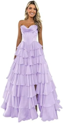 GATMAHE Tulle Floral Prom Dresses for Teens 2026 Tiererd Long Ball Gown Strapless Sweetheart Formal Evening Gowns with Slit