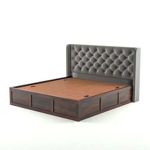 Image of Solid Sheesham Wood King Size Bed with Storage | Wooden Double Bed Cot Bed with Box Storage & Velvet Upholstered Cushioned Headboard for Bedroom (Walnut C, King)