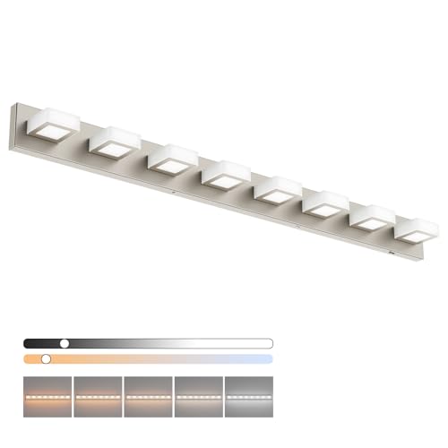 Image of Ralbay 52inch Brushed Nickel Vanity Lights 8 Lights Dimmable 5 Color Temperature Acrylic Modern LED Bathroom Vanity Lighting Fixtures Brushed Nickel