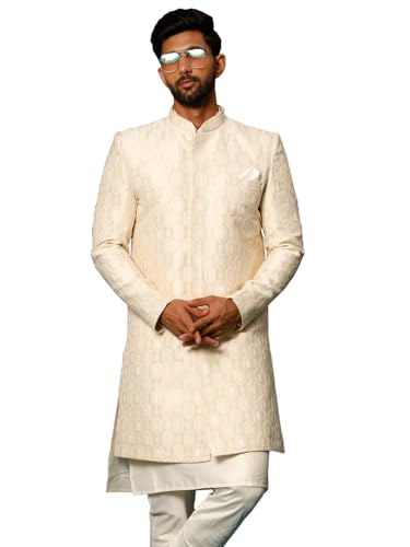 VASTRAMAY Men's Beige Silk Blend Sherwani Only Top_VASMIW252BG_42
