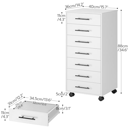 HOOBRO 7-Drawer File Cabinet, Wooden Office Cabinet with Drawers, Mobile Storage Filing Drawer for Home Office, Study, Easy Assembly, White WT07WJ01
