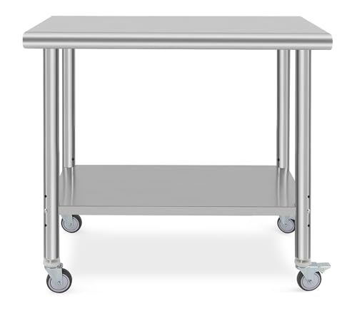Image of 36x24x35inch Double Layer Stainless Steel Work Table with Caster Wheels No Backsplash