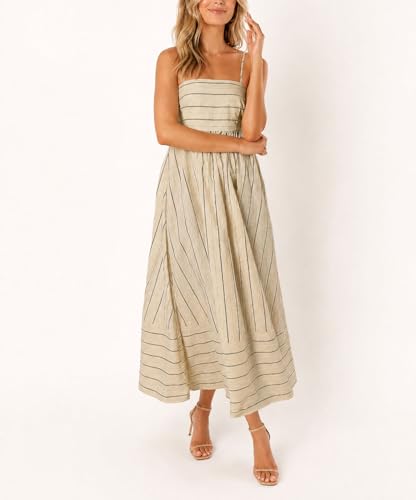 Image of chouyatou Women's Striped Back Smocked Maxi Dress Sexy Spaghetti Strap Cut Out Flowy Swing Long Dress