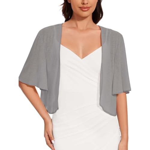 Women Bolero Shrug Cardigan Open Front Cover Up Sheer Short Sleeve Kimonos for Evening Dress(Gray,S)