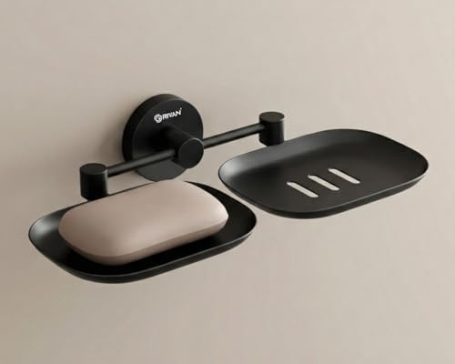 Image of GRIVAN Stainless Steel Dual Soap Holder | Round Shape Soap Stand for Bathroom | Wall Mounted Corrosion-Free Black Matte Soap Dish