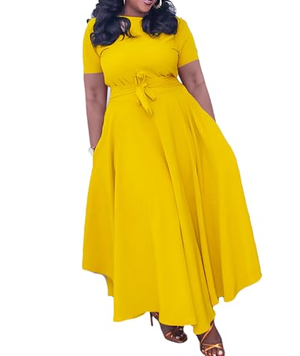 Image of SOMTHRON Women's Casual 3 /4 Sleeve Long Maxi Dress A-Line Flared Solid Wrap Tie Waist Swing Dresses