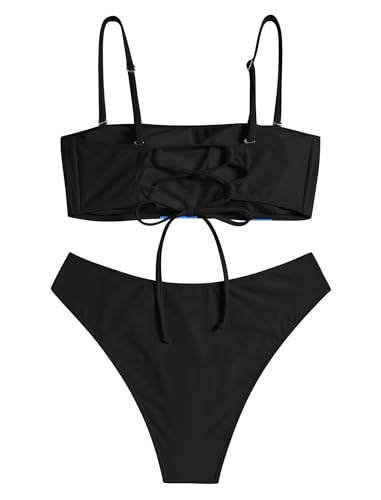 Image of ZAFUL Women's High Cut Bandeau Bikini Set Strapless Solid Color 2 Pieces Bathing Suit Swimsuit