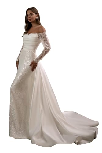 Sparkly Sequin Mermaid Wedding Dresses for Bride Off Shoulder Long Sleeve Bridal Dresses with Detachable Train Corset White Wedding Gown Us10