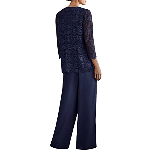 Zongqiven Women's Chiffon And Lace 3 Pieces Mother Suit Pants Wedding Guest Party Evening Outfit Navy Blue #TOP1