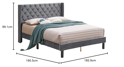 Image of Wooden Upholstered Bed King Size Without Storage | Wrought Iron King Size Cot with Headboard | Double Size Bed for Bedroom | Palang Furniture for Guest Room, Grey Finish-1, (Grey Finish-1)