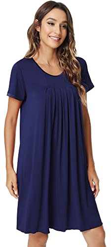 Nachila Womens Bamboo Nightgown Soft Short Sleeve Sleepwear Pleated Crew-Neck Nightshirt Comfy Sleep Shirt Navy Blue Xx-Large #TOP2