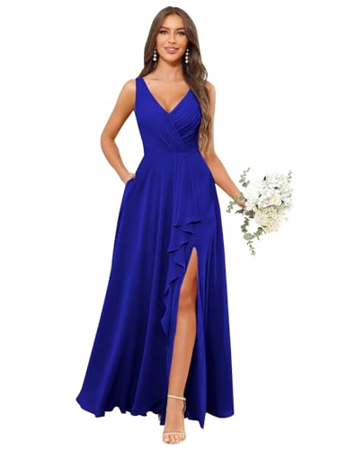 Image of HANVAIOS Long Chiffon V Neck Bridesmaid Dresses for Women Formal Dress with Pocket