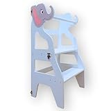 MINDWOOD Montessorianischer Turm für Kinder von 18 Monaten bis 6 Jahren, personalisierbare Montessorianische Treppe aus Holz, Lernturm, umwandelbar in einen Tisch, stabil und sicher (Elefant, Hellblau