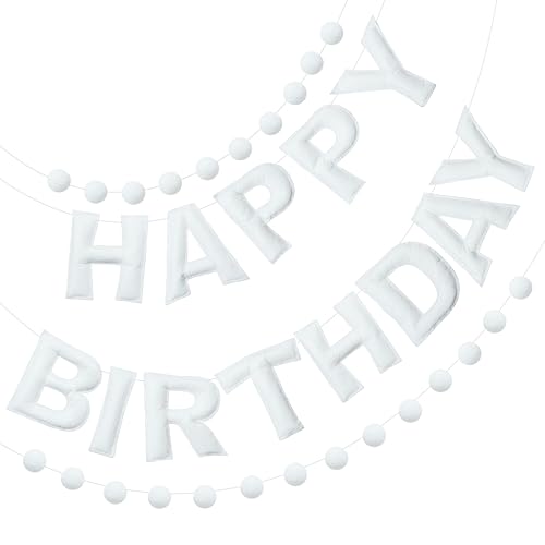 Image of 2 PCS Pre-Strung 3D Felt Happy Birthday Banner - White Theme Birthday Decorations Sign, Pom Pom Garland, Reusable Party Decor, Photo Prop(White)